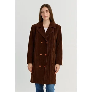 Democracy Brown Velveteen Long Coat Jacket Women's Size L Button Front - Picture 1 of 12