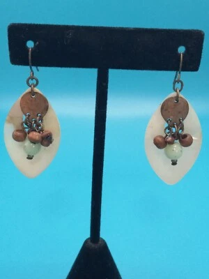 ARTISAN Gold Tone Mother Of Pearl Wood And Glass Beads hook fashion Earrings - Image 1 of 4