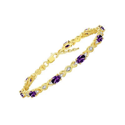 RYLOS Tennis Bracelet, 6x4mm Gemstones & Diamonds, Gold Plated Silver, 7-8". - Image 1 of 4