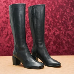 Vince Women Mag Black Leather Retro Block Heel Round Toe Tall Boots 12US EUR43 - Picture 1 of 8