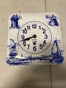 Antique Porcelain Enamel Delft Wall Clock 8 Day Germany Blue & White - Picture 1 of 8