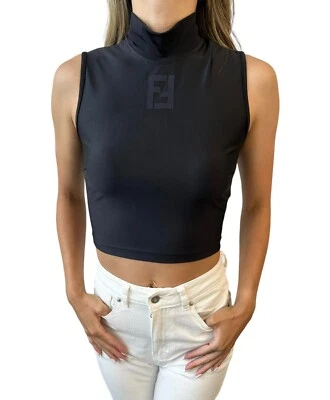 FENDI Vintage FF Logo Sleeveless Top #42 Zip High Neck Polyamide Black RankAB - Image 1 of 4