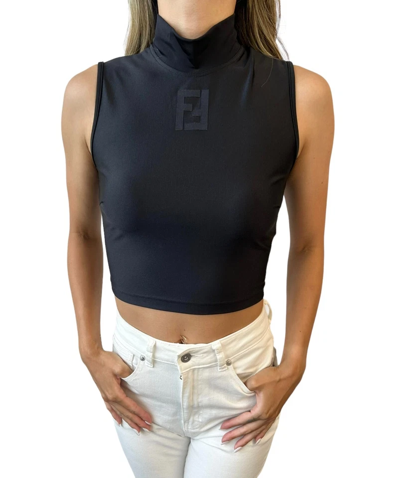 FENDI Vintage FF Logo Sleeveless Top #42 Zip High Neck Polyamide Black RankAB - Image 1 of 4