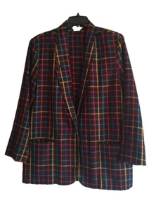 Vintage Ship N Shore Blazer Women's 18 Black w/colorful plaid shoulder pads poly - Picture 1 of 9