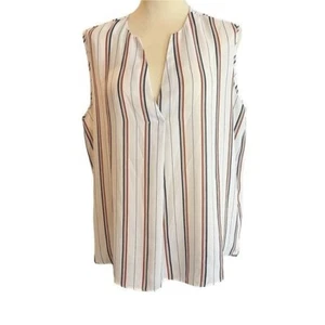 Primark Womens Blouse Cream Navy Blue & Brown Striped V Neck Sleeveless Size 12 - Picture 1 of 9