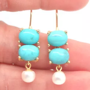 Sin Calentar Piedra Preciosa Azul Turquesa & Perla Blanca Pendientes 925 Plata - Imagen 1 de 4