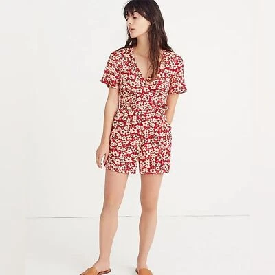 NWT Madewell Floral Wrap-Front Romper in Mini Daisy Red/Cream Size 2 - Image 1 of 4