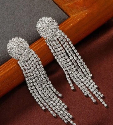 Clip On Clear Rhinestone  Earrings Silver Bridal Wedding Long  Dangle Pageant - Image 1 of 4