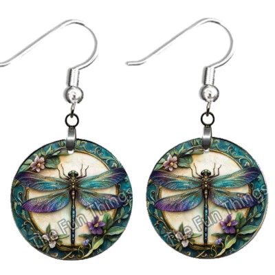Brincos libélula azul-petróleo e roxo boêmio estampa art nouveau madeira SEM MANCHAR - Imagem 1 de 4