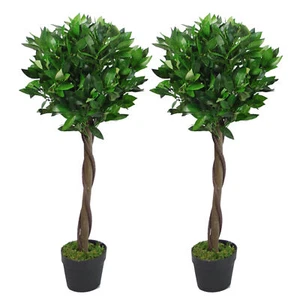 Par de árboles de bola topiarios de bahía artificial 90 cm tronco de madera real realista - Imagen 1 de 4