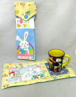 EASTER PRINT QUILTED MUG RUG & HANGING KITCHEN HAND TOWEL PASTEL BUNNIES COTTON
