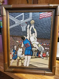 Vintage H. Hargrove Basketball Oil Art Serigraph Canvas Frame Signed 19” x 15” - Picture 1 of 6