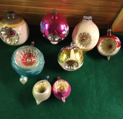 Lot  8 Glass Christmas Ornaments Indents Shiny Brite Many sizes, shapes, colors - Image 1 of 4