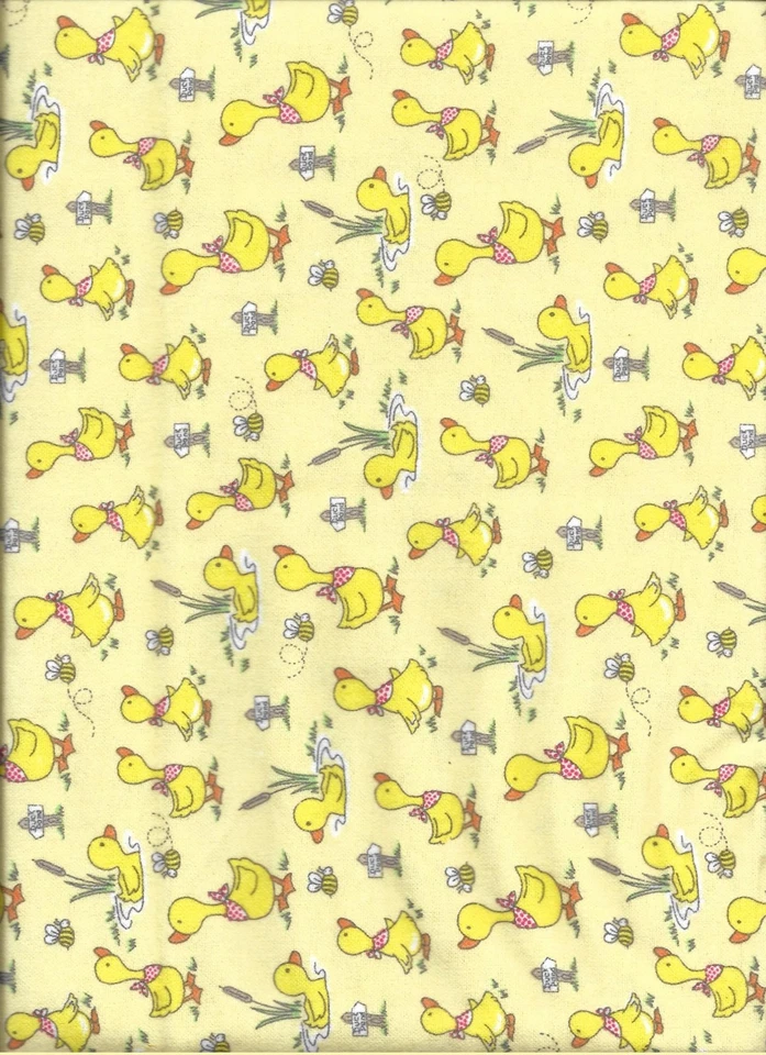 New Playful Ducks at the Pond w/Bees on Yellow Flannel Fabric bythe Quarter-Yard - Image 1 of 2
