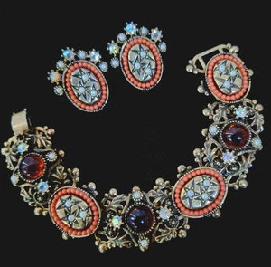VTG Fancy Victorian Revival Bookchain Bracelet & Earrings Glass Cabs Faux Pearls - Picture 1 of 14