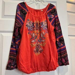 Soft Surroundings Blouse Blame Rio Embroidered Coral Top Vibrant Peasant Boho M - Picture 1 of 15