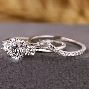 Engagement Ring Set Round Cut 1.35 Ct IGI GIA Lab Grown Diamond 18k White Gold - Picture 1 of 10