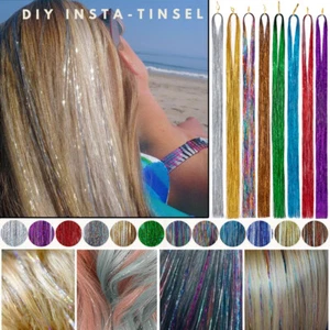 2400*Strands Holographic Sparkle Hair Tinsel Extensions Dazzles 47"Flowy Glitter - Picture 1 of 24
