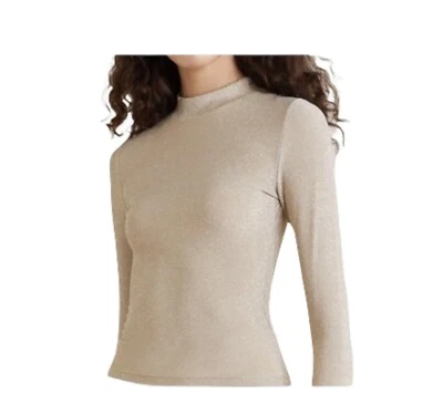 Top tejido elástico metálico Reformation Junie dorado beige manga larga talla XS Foto 1 de 4