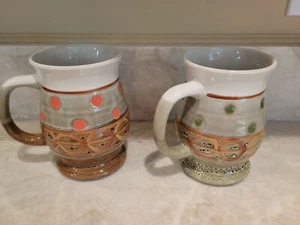 Art Pottety Stoneware Coffee Tea Mug Cup Geometric Design X 2 - Picture 1 of 6
