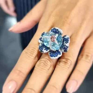 935 Silver Uncut Aquamarine, Ruby & Simulated Sapphire Pretty Flower Women Ring - Picture 1 of 13