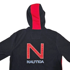 Vintage Nautica Herren Größe 2XL Fleecejacke mit durchgehendem Reißverschluss und Kapuze großes Logo hinten - Bild 1 von 8