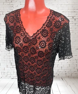 VTG 90's Red Peacock black hand crocheted top see-through Goth M - Picture 1 of 7