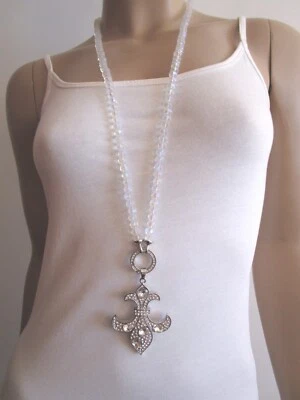 Strass Hals Kette lang Perlen Klar Silber Carrier Anhänger Fleur de Lis Bling - Bild 1 von 4