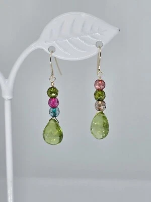 Peridot Briolette Drop Dangle Earrings Agate 14k Yellow Gold or Sterling Silver - Image 1 of 4