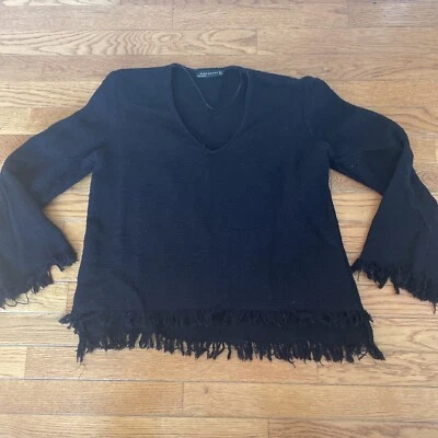 Zara Woman Black Tweed Blouse Solid Fringe 3/4 Sleeve V Neck High Low Size S - Image 1 of 4