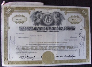 Great Atlantic & Pacific Tea Com. stock certificate with 3 Transfer Tax stamps. - Picture 1 of 3