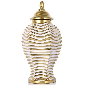 14.2" White and Gold Luxury Ceramic Ginger Jar Vase with Lid - Modern Ceramic... - Picture 1 of 7