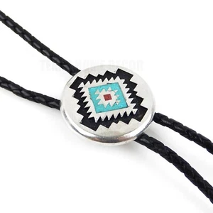 Aztec Circle Geometric Bolo Tie Turquoise Coral Inlay 38 inch Adjustable Cord - Picture 1 of 7