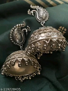 Peacock Design Silver Oxidized Jhumka Women Wedding Ethnic Earring Statement Set - Picture 1 of 4