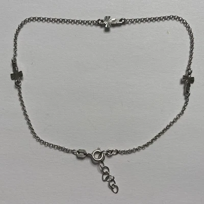 PULSERA LARGA O TOBILLERA RELIGIOSA CRUZ PLATA ESTERLINA VINTAGE 9” 1” EXTENSOR Foto 1 de 3