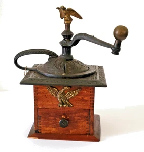 Antique Tabletop Coffee Mill/Grinder, Dovetailed drawer, Wood w/Metal Eagles - Picture 1 of 15