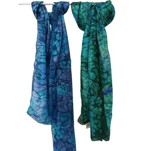 Vintage Handpainted Pure Silk Green and Blue Patterned Scarves - Picture 1 of 9