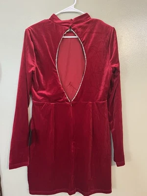 Lulu's Rich Red Velvet Long Sleeve Dress Open Back Sequins Mini XL Junior NWT - Image 1 of 4