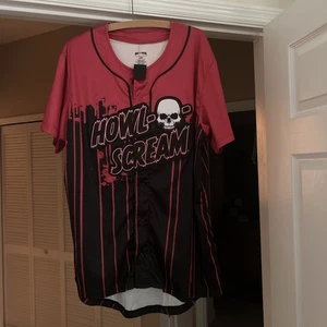SeaWorld Skull Howl-O-Scream Halloween Shirt Large Red / Black - Foto 1 di 4