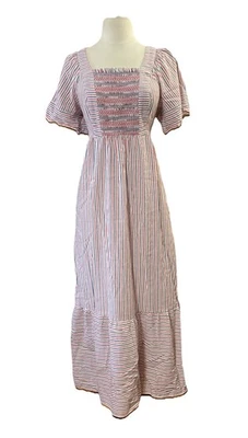 OLD NAVY Women’s MIDI Dress Sz S Tall Red White Blue Smocked tiered cottage core - Image 1 of 4