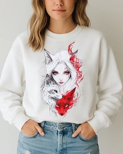 Anime Fox Sweatshirt, Kitsune Spirit Pullover, Japanese Folklore Crewneck - Picture 1 of 24