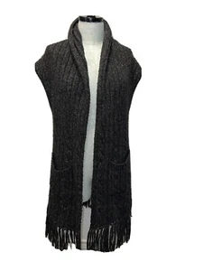 Cabi Womens Sz Small Gray Cable Knit Fringed Sweater Vest Duster Acrylic Wool - Picture 1 of 11