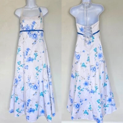 Blondie Nites Blue Floral Halter Gown Women's 7 Vtg Y2K Cottagecore Ethereal - Image 1 of 4