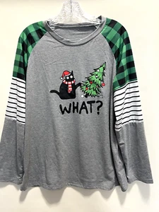 Cat Knocking Over the Christmas Tree Says "What?" LS Tee Shirt Large New - Picture 1 of 3