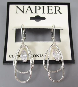 NWT NAPIER Dangling Silver Tone CZ Post Leverback Earrings 80R - Picture 1 of 7