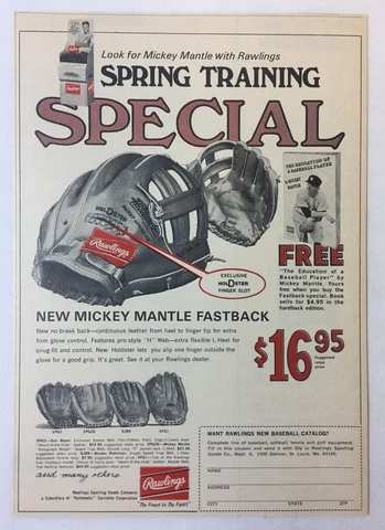 1968 Rawlings baseball gloves ad ~ MICKEY MANTLE Spring Training Special Cover