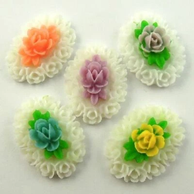 10 Assorted Oval Resin Flower Cameo Flatback Cabochon Garden Decor Craft 24x18mm - Image 1 of 2