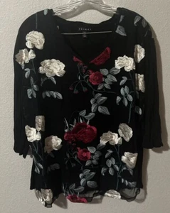 Tribal Women Top XL 3/4 Sleeve black floral embroidered V-neck sheer layer 601 - Picture 1 of 5