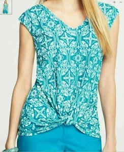Ann Taylor Azure blue medallion print Double V-Neck Knot women's Casual Top - Picture 1 of 1