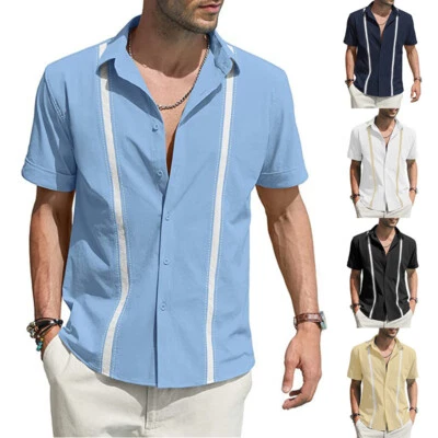 Men Short Sleeve Button-Up Casual Top Cuban Guayabera Beach Wedding Dress Shir ⑨ - Image 1 of 4
